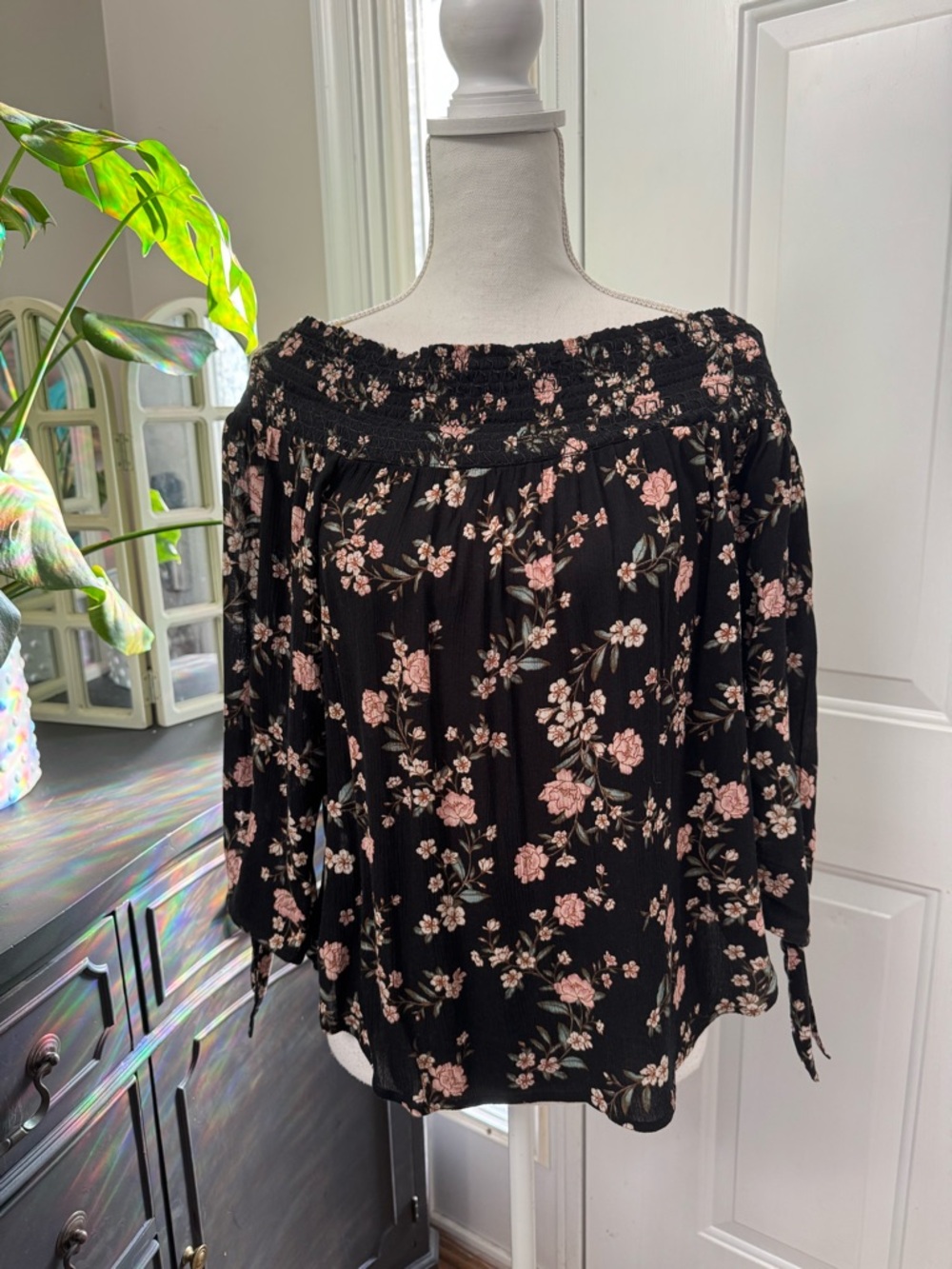 American Eagle Outfitters Black Blouse with Pink Floral Print